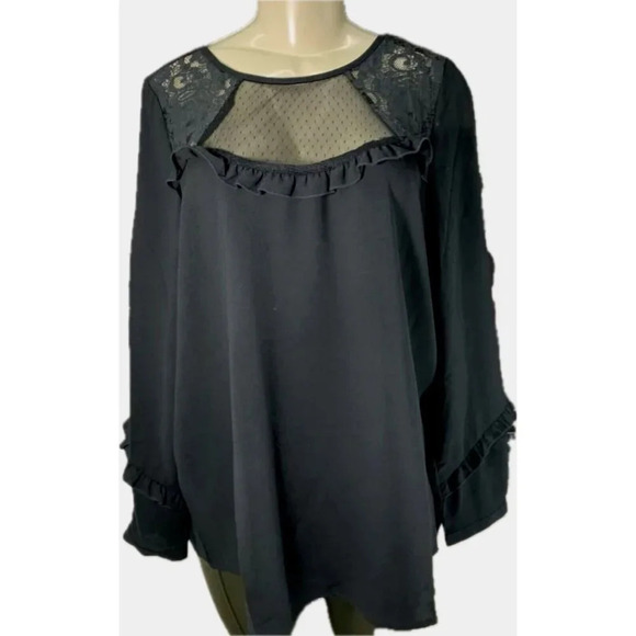 Castaluna 12W/L Black Sheer Lace Yolk Crew Neck Ruffle Accent Long Sleeve Blouse - Picture 2 of 6